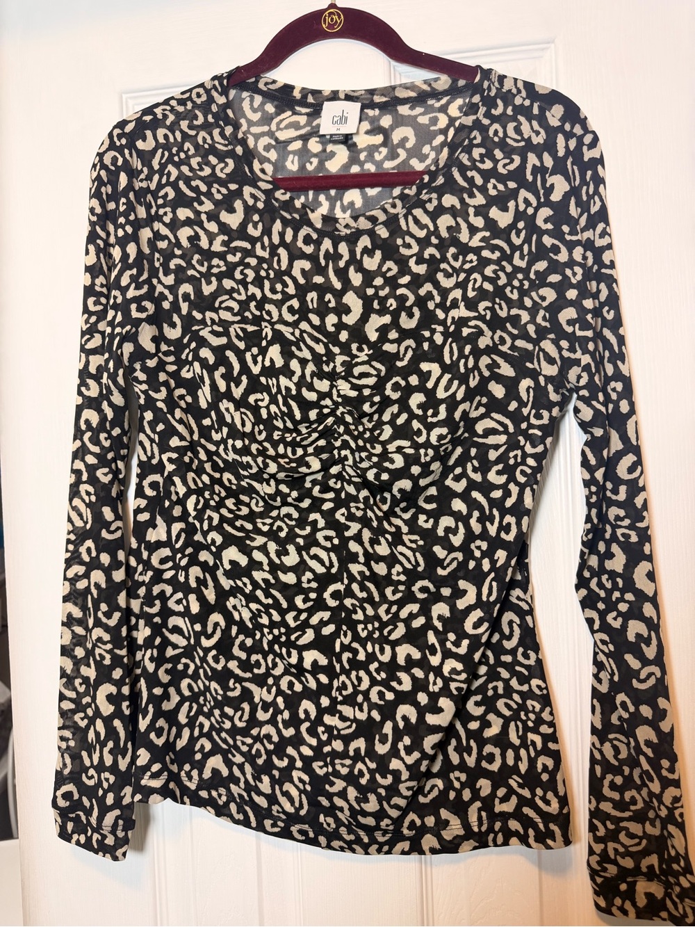 CAbi Black & Cream Leopard Ruched Long-Sleeve Tee